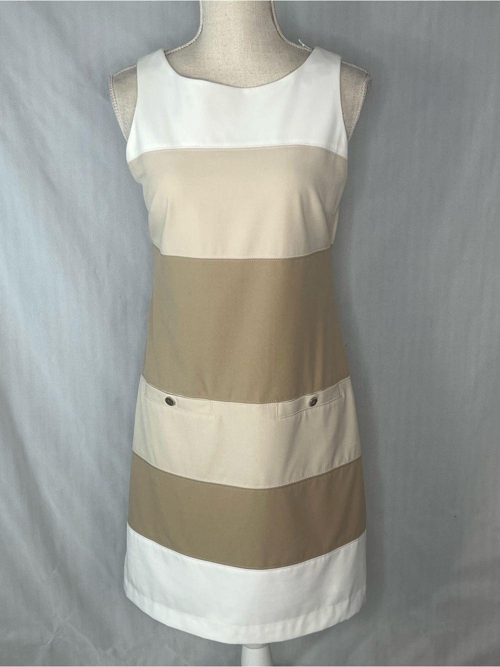 White House Black Market Dress Beige & White Wide Stripes Sleeveless Shift 4
